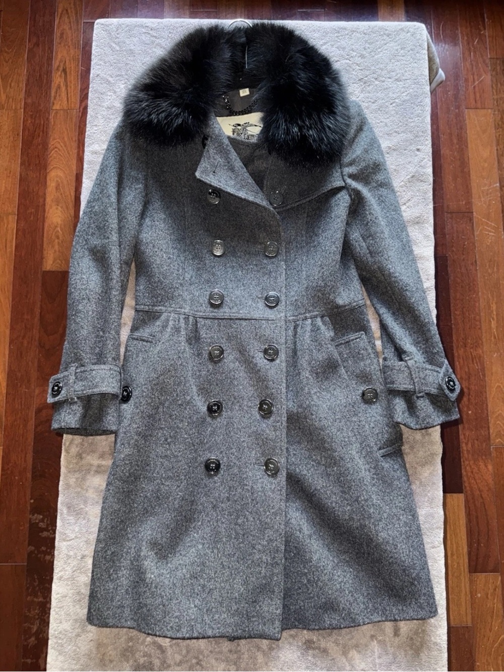 Burberry London Cashmere/Wool Charcoal Pea Coat with Black Fur Collar, US Size 4